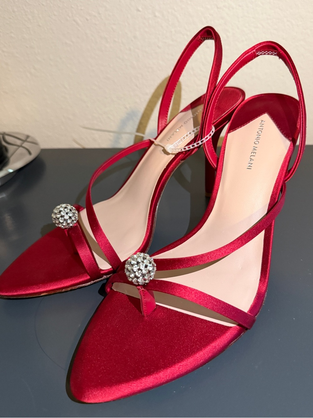 NWT ANTONIO MELANI Red Satin Slingback Heels with Rhinestone Orb